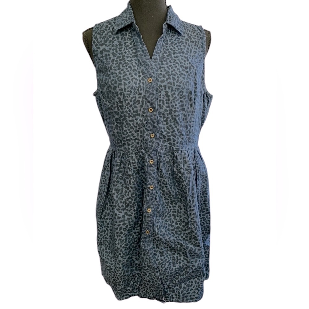 Dots Animal Print Blue Buttoned Collared Knee-Length Denim Sundress Size XL